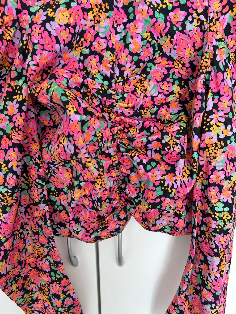 Zara Floral Poplin Puff-Sleeve Top - Dark Pink Size S - Picture 4 of 8